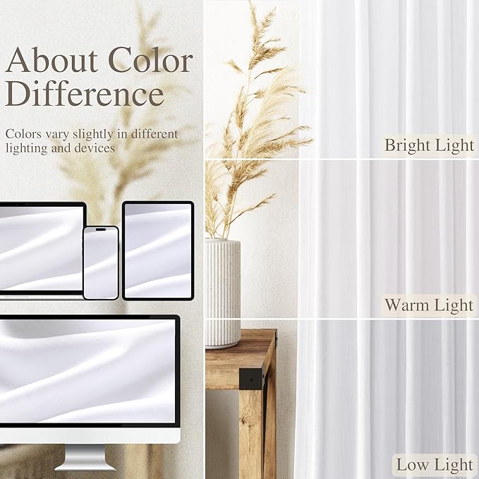Snow White Linen Curtains 72 Inches Long for Living Room Light Filtering Semi Sheer Curtain Back Tab Luxury Neutral Coastal Modern Farmhouse Decor Drapes for Bedroom Dinner Room 52x72, 2 Panels