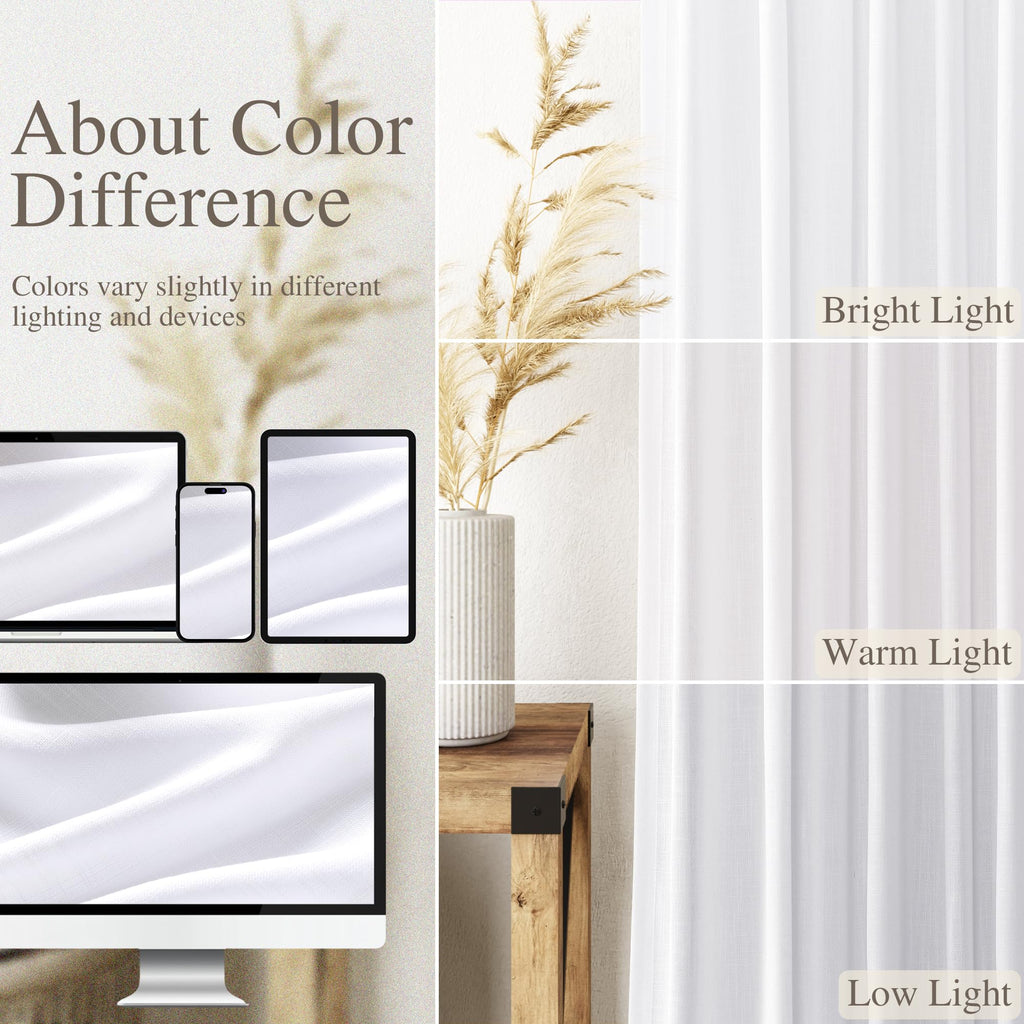 Snow White Linen Curtains 102 Inches Long for Living Room Light Filtering Semi Sheer Curtain Back Tab Luxury Neutral Modern Farmhouse Decor Floor to Ceiling Neutral Drapes for Bedroom 52x102,2 Panels