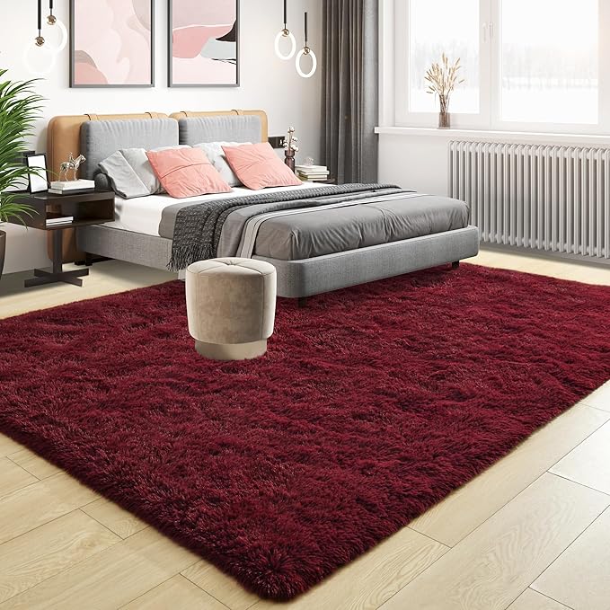 Tepook Fluffy Burgundy Rugs for Living Room, 6x9 Dark Red Area Rug for Bedroom, Soft Shaggy Plush Floor Carpet for Kids Girls Boys Room, Indoor Non Slip and Washable Carpets for Nursery Home Decor