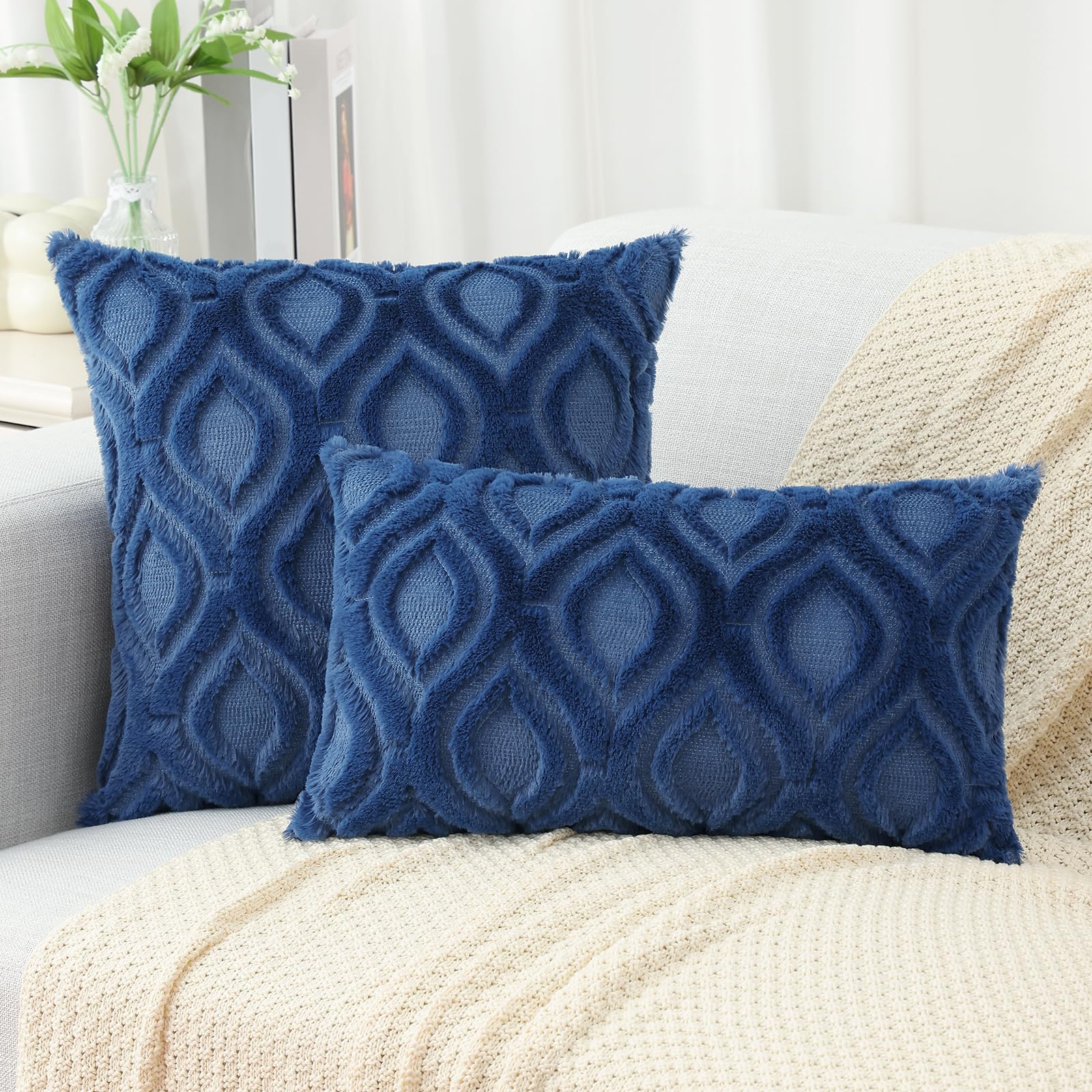 decorUhome Faux Fur Plush Soft Dark Blue Throw Pillow Covers 22x22 Set of 2