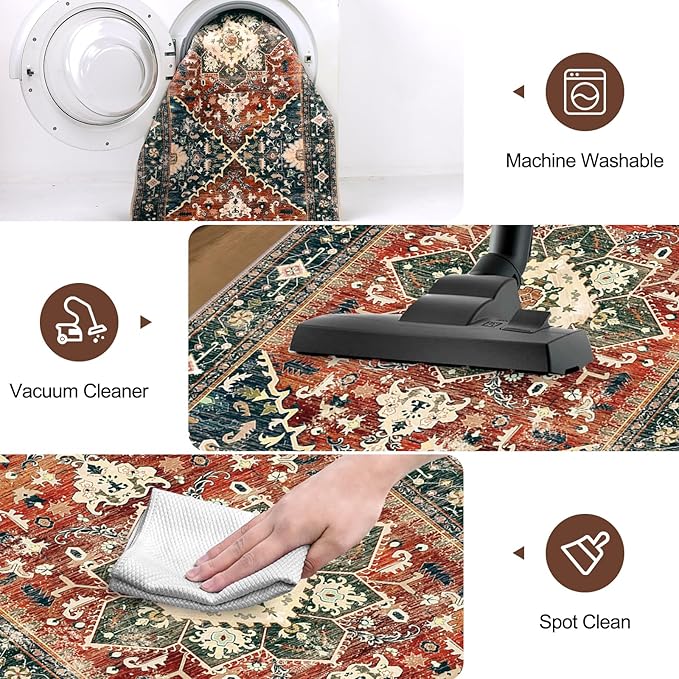 Yamaziot Washable Area Rug, 2x3 Small Entryway Rug Non-Slip Boho Vintage Rug with Rubber Backing, Low Pile Faux Wool Soft Distressed Floor Carpet for Indoor Door Mat, Kitchen, Laundry Bathroom