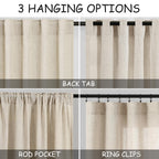Nanspring Beige Cafe Curtains 45 Inch Length Set 2 Panel Back Tab Pocket Semi Sheer Short Linen Beige Curtain Tiers for Small Bathroom Window Basement 38x45