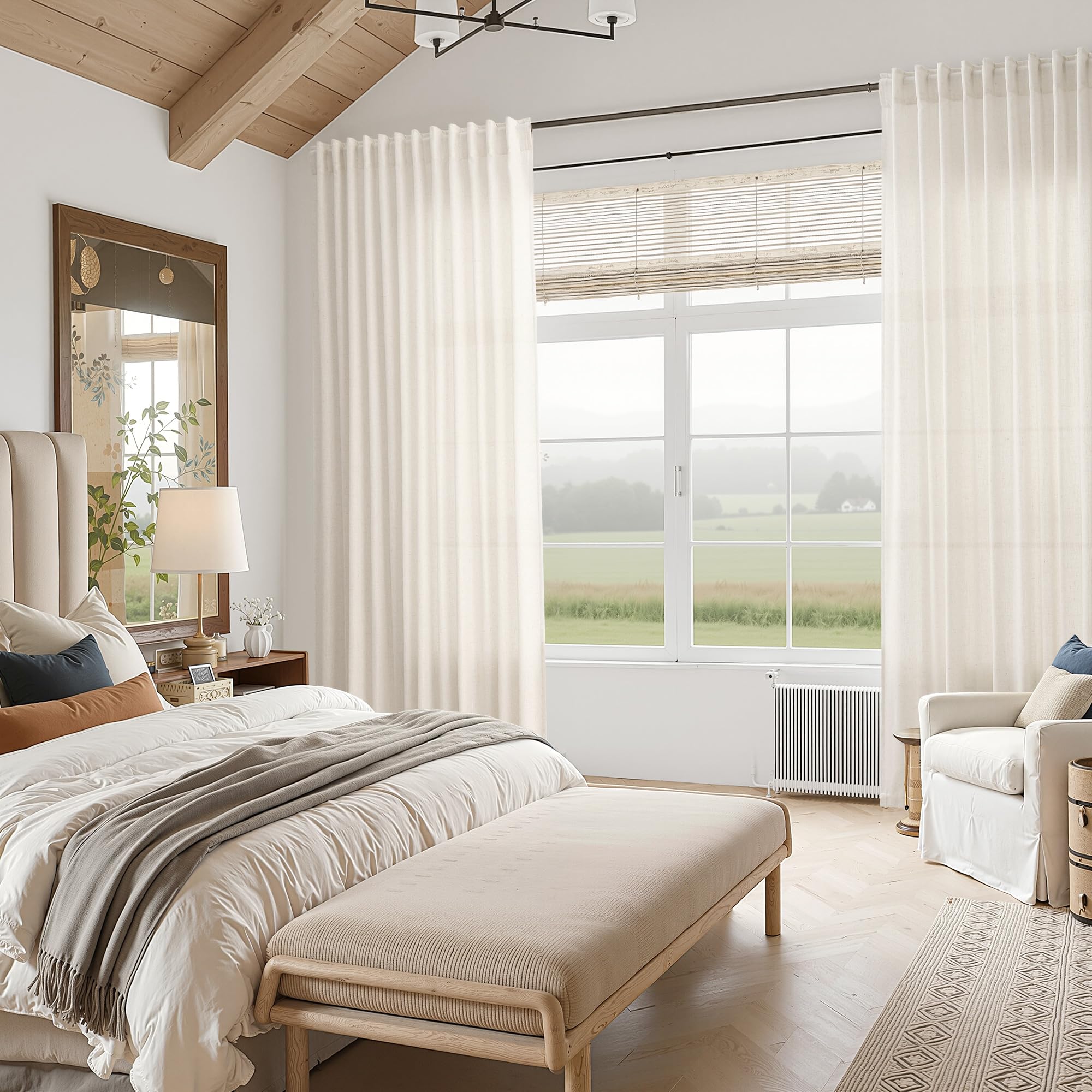 Modern Linen Curtains for Living Room 102 Inches Long Light Filtering Semi Sheer Curtain Back Tab Neutral Luxury Modern Farmhouse Decor Floor to Ceiling High Window for Bedroom 52x102, 2 Panels