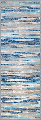 Lansny Modern Abstract Runner Rug 3x8, Blue Washable Kitchen Runner Non-Slip Soft Hallway Rug Runner Thin Print Faux Wool Carpet for Entryway Bedroom Laundry Room Indoor Home Office Decor