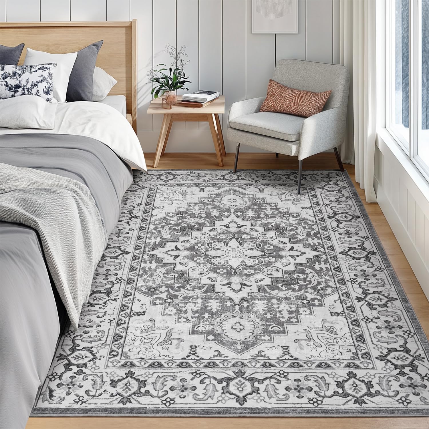 Lofus 6x9 Area Rugs for Living Room Bedroom, Soft Boho Carpet Floral Grey