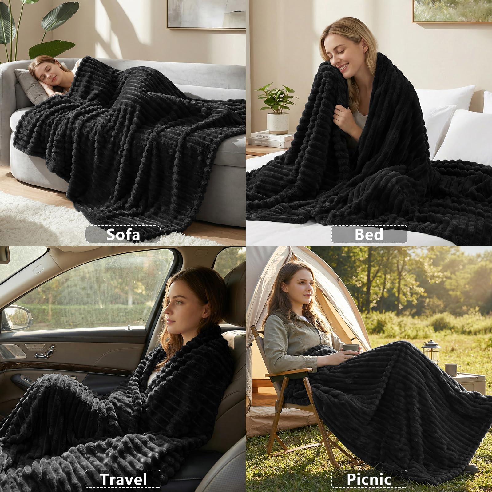 HIMEET Black King Size Blanket for Bed, 300GSM Ribbed Fleece, 108 x 90 in
