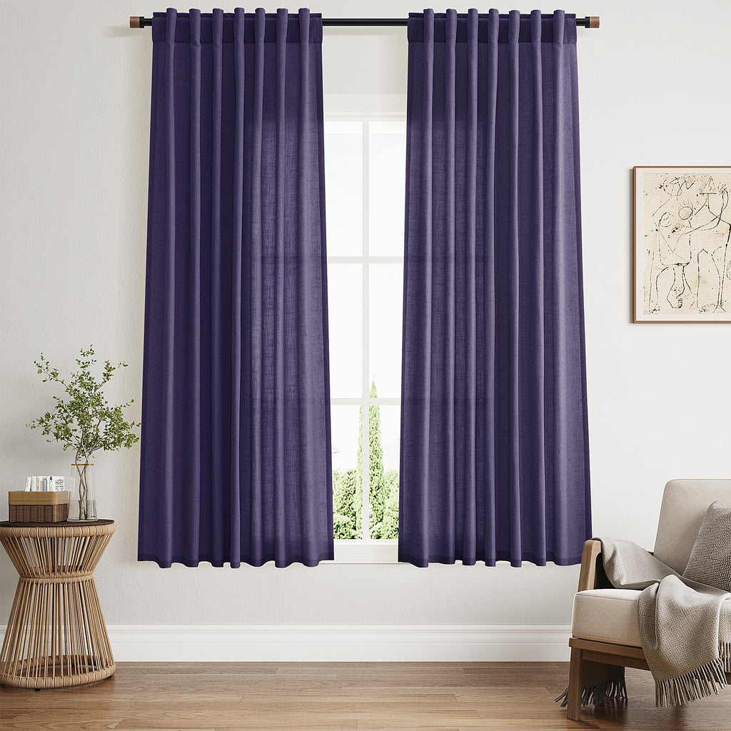 Purple Curtains 63 Inches Long 2 Panel Sets for Living Room Bedroom, Light Filtering Linen Drapes for Kitchen Windows Rod Pocket or Back Tab Curtain,Semi Sheer 52x63