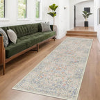 Hazo Haus Beige Blue Washable 2'6"x10' Wide Hallway Runners, Kitchen Runner Rug, Non-Slip & Stain Resistant 10ft Long Floor Rug, Retro Lilic Boho Floral Décor
