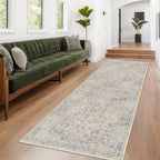 Vintage Beige Blue 3x12 Runner Rug for Hallway, Kitchen, Bathroom, Entryway Indoor, Washable Non Slip Rubber Backing Stain Resistant - Botanical Home Decor