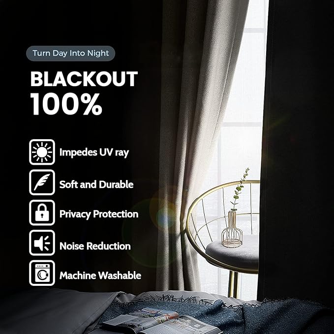 SimpleHome 100% Blackout Curtains for Bedroom,Thermal Insulated Natural Grommet Window Drapes Room Darkening Curtains for Living Room with Black Back,38 x 63 Inch,2 Panels