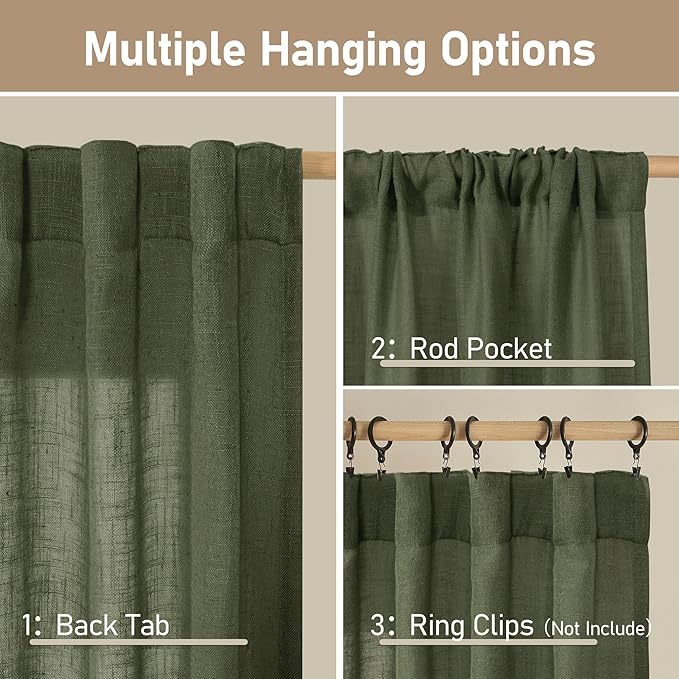 LAMIT Olive Green Linen Semi Sheer Curtains 45 Inch for Bedroom, Light Filtering Neutral Window Curtains Boho Back Tab and Rod Pocket Christmas Decor Panels, 2 Panels, 52 x 45 Inch