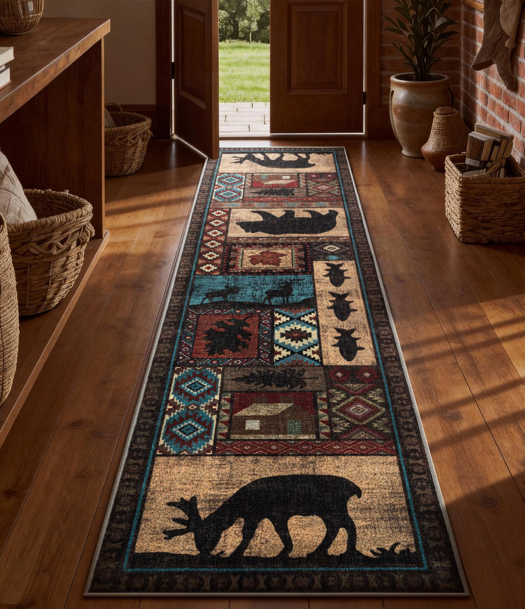 Rustic Cabin Runner Rug 2x8 Indoor Door Mat - Bear Non-Slip Entryway Runner Rug, Low Pile Tribal Print for Kitchen, Bedroom