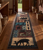 Rustic Cabin Runner Rug 2x8 Indoor Door Mat - Bear Non-Slip Entryway Runner Rug, Low Pile Tribal Print for Kitchen, Bedroom