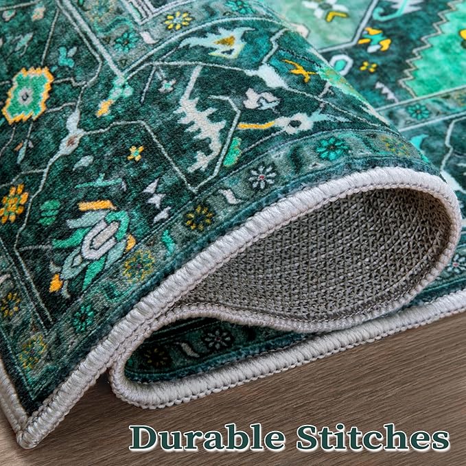SERISSA Boho Round Area Rug, 4ft Washable Non-Slip Circle Rug, Ultra Soft Oriental Vintage Teal Low-Pile Small Circular Carpet for Bedroom Entryway Kids Room Office College Dorm Living Room