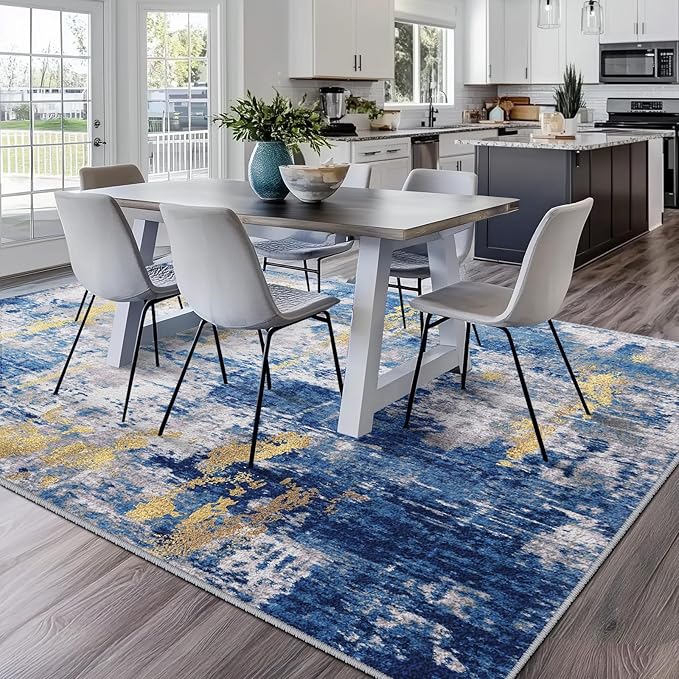 RELEANY Washable 8'x10' Abstract Area Rug for Living Room Blue Gold