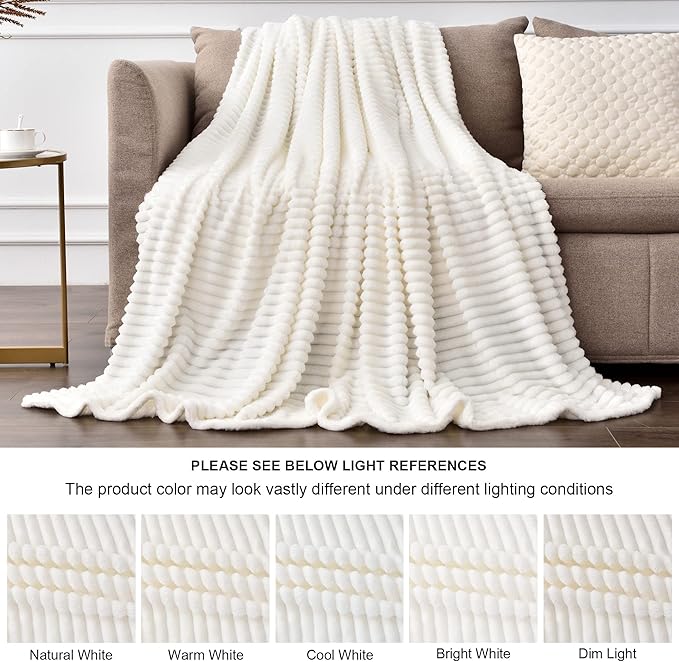 BEDELITE Fleece Blanket Queen Size – 3D Ribbed Jacquard Soft and Warm Decorative Fuzzy Blankets – Cozy, Fluffy, Plush Lightweight Throw Blankets for Couch, Bed, Sofa(Off White, 90x90 inches)