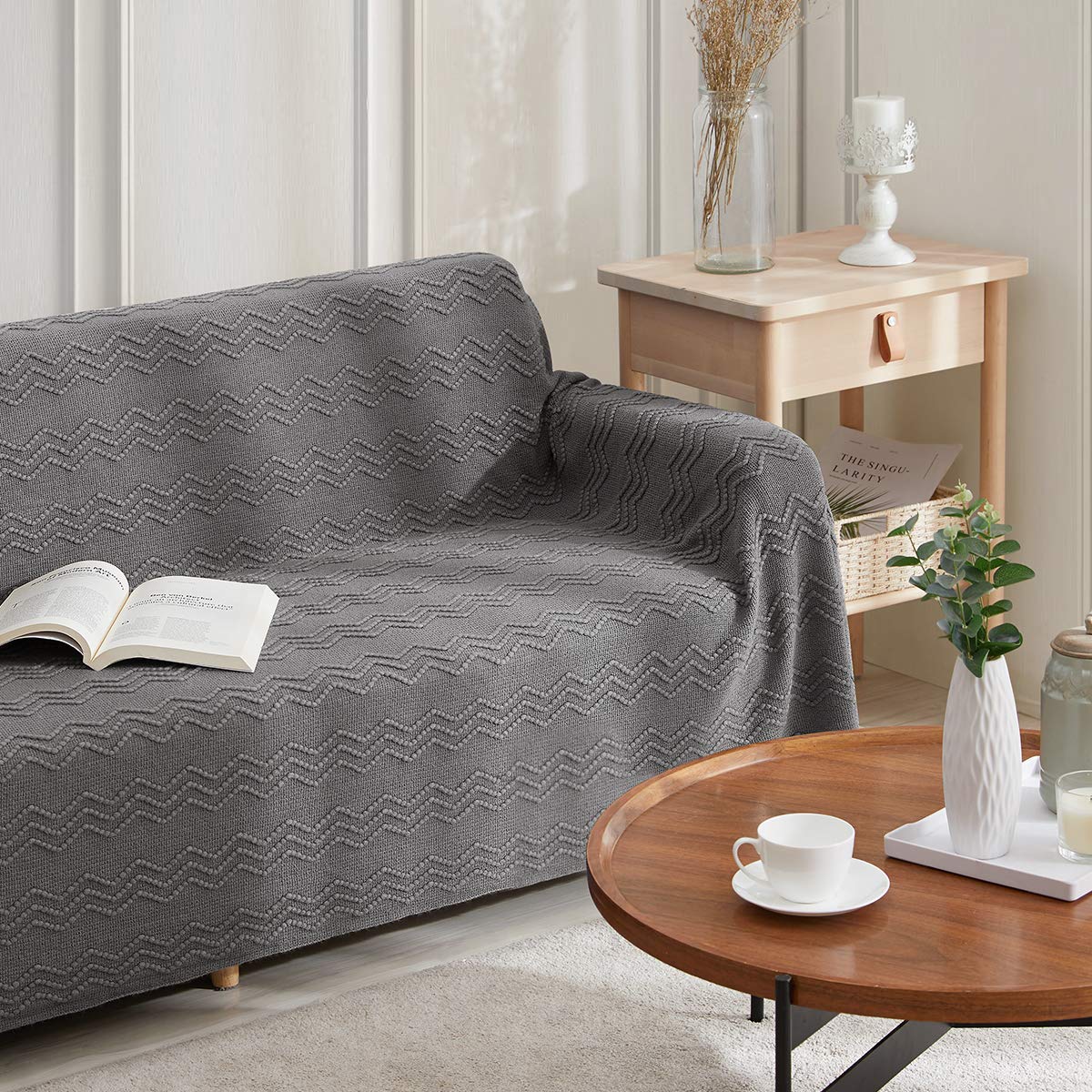 BOURINA Dark Grey Throw Blanket 50x90 Inch Boho Knit Soft Throw Bed Blanket