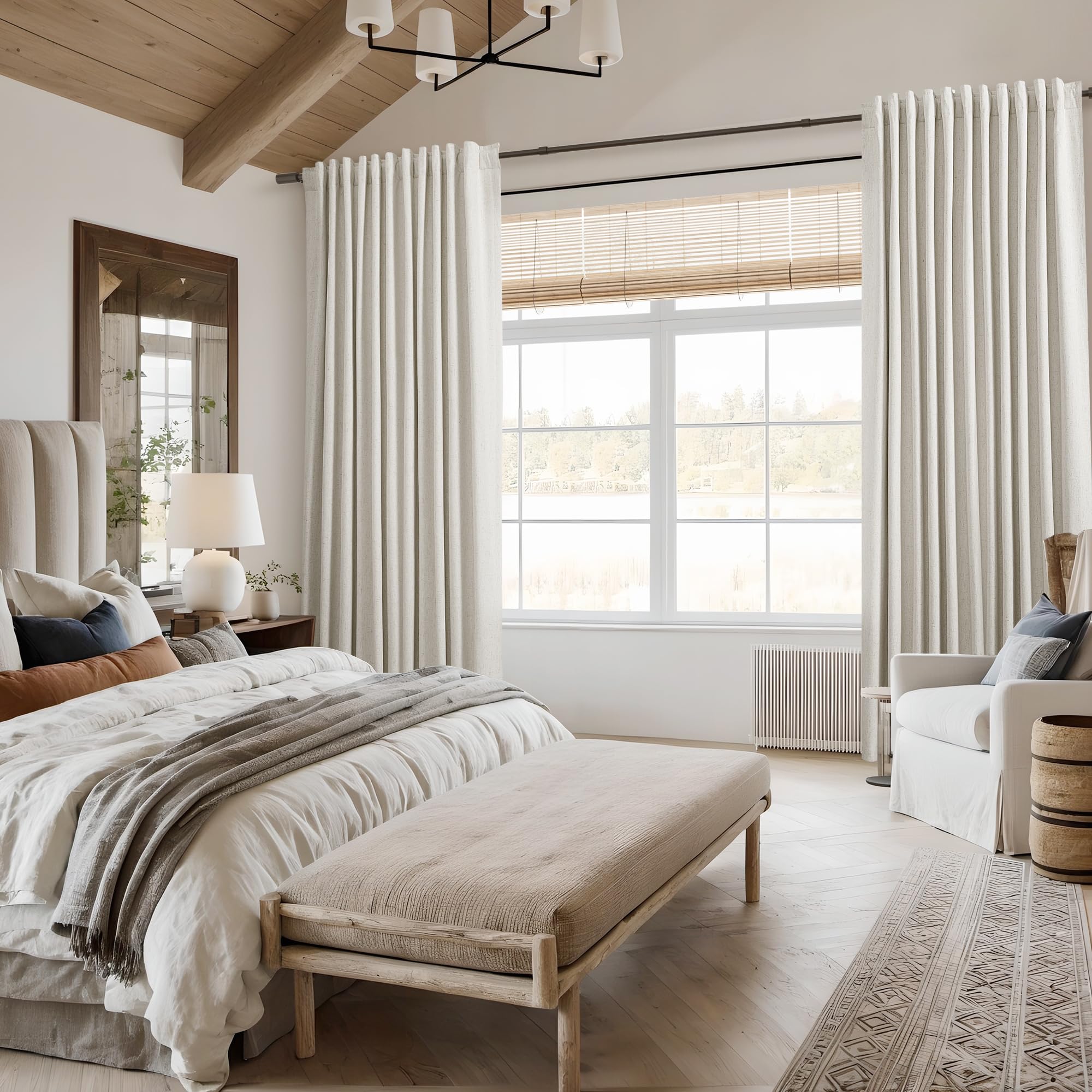 Extra Long 100% Blackout Linen Curtains for Bedroom 132 Inches Long Natural Cream Black Out Curtain Back Tab Thermal Insulated Room Darkening Window Drapes for Living Room 2 Panels Beige Ivory 52x132