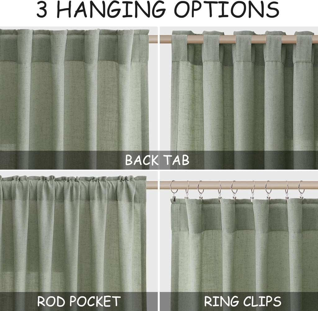 Desert Sage Linen Curtains for Living Room 105 Inches Long Light Filtering Semi Sheer Curtain Back Tab Rustic Farmhouse Decor Elegant Luxury Boho Drapes for Bedroom Dinner Room 52x105, 2 Panels
