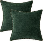MIULEE Pack of 2 Christmas Pillow Covers 16x16 Inch Dark Green Farmhouse Decorative Throw Pillow Covers with Stitched Edge Soft Chenille Solid Dyed Couch Pillow Covers for Sofa Bed Living Room