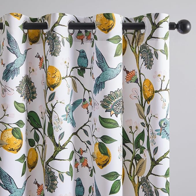 Topfinel White Blackout Tiers 36 Inch Length Curtains Classical Watercolor Botanical Floral Hummingbird Grommet Half Window Treatment, for Rv Kitchen Cafe Basement Bathroom Dinning Room, 2 Panels
