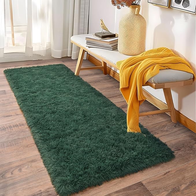 Ailyei Soft Runner Rugs for Bedroom Hallways, 2x6 Green Fluffy Shag Throw Area Rug Non Slip for Bedside Dorm, Long Shaggy Furry Carpet for Nursery Living Room