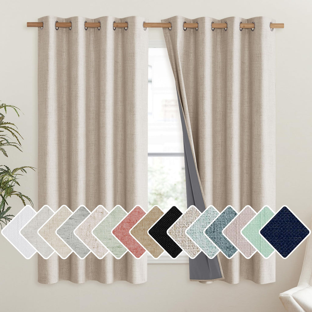 NICETOWN Cream 100% Blackout Short Curtains 63 inches Lenghth Burg for Kitchen, 2 Panels, Burlap Linen Drapes with Thermal Insulated Grey Liner, Keeping Out Cold Air and Heat Panels
