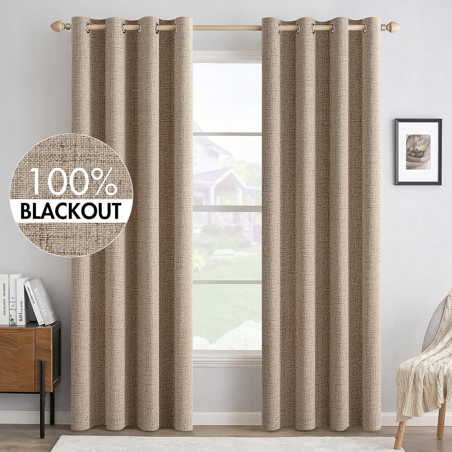 MIULEE 100% Blackout Linen Curtains for Bedroom 52x96 Inches Copper Brown