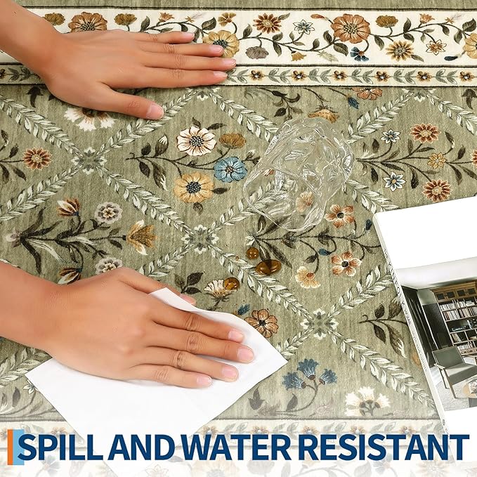 Washable Kitchen Rugs Non Slip 2x6 Hallway Runner Rug Stain Resistant Low Pile Floral Floor Rug with Rubber Backing Non Shedding Runners for Indoor Entryway Bedside Bedroom Farmhouse RV Green
