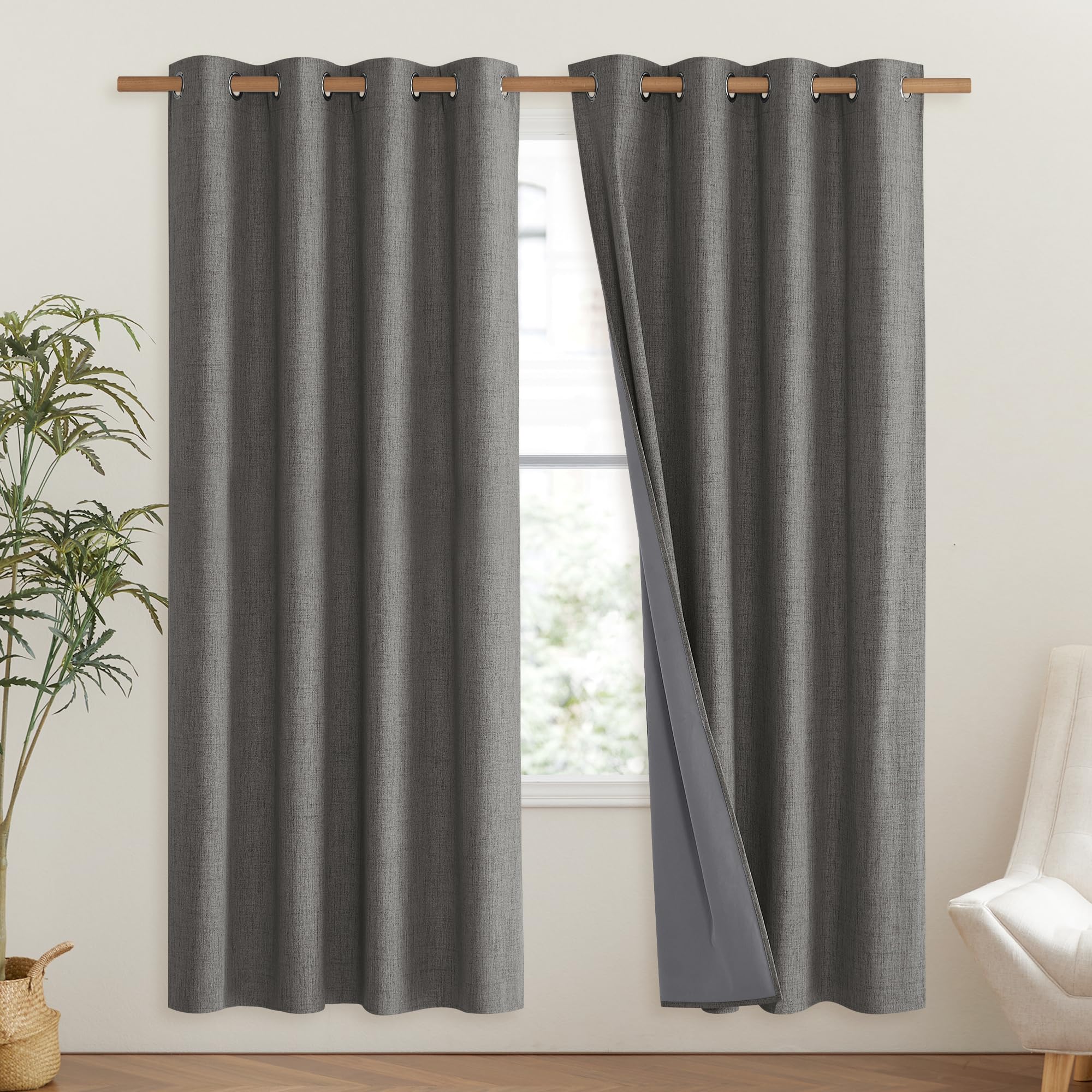 NICETOWN Grizzle Gray Vintage Linen 100% Blackout Curtains for Living Room, Thermal Insulated Curtains 72" Long, Noise Reducing Window Treatment Drapes for Hall Room, 52" Wide Per Panel, Set of 2