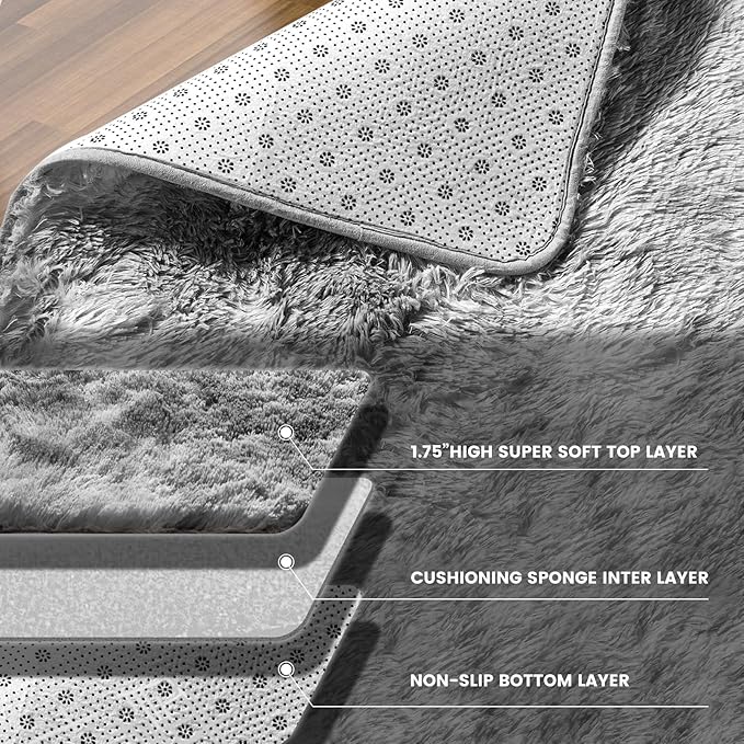 Luxury 8x10 Large Area Rugs for Living Room, Super Soft Fluffy Modern Bedroom Rug, Big Indoor Thick Soft Nursery Rug, Non-Skid Nursery Faux Fur Carpet for Kids Room Home Décor，Tie-Dyed Light Grey