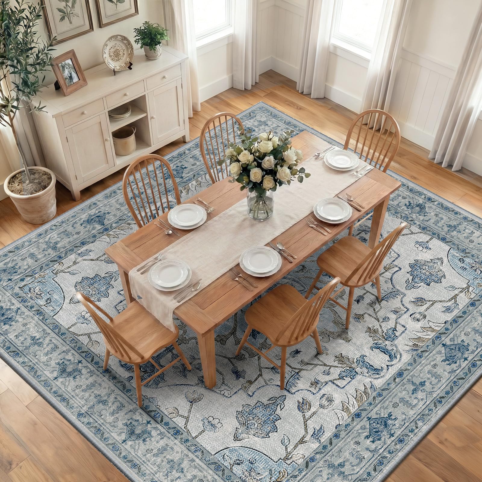 RELEANY Washable Area Rug, Square 10'x10', Blue/White/Gray