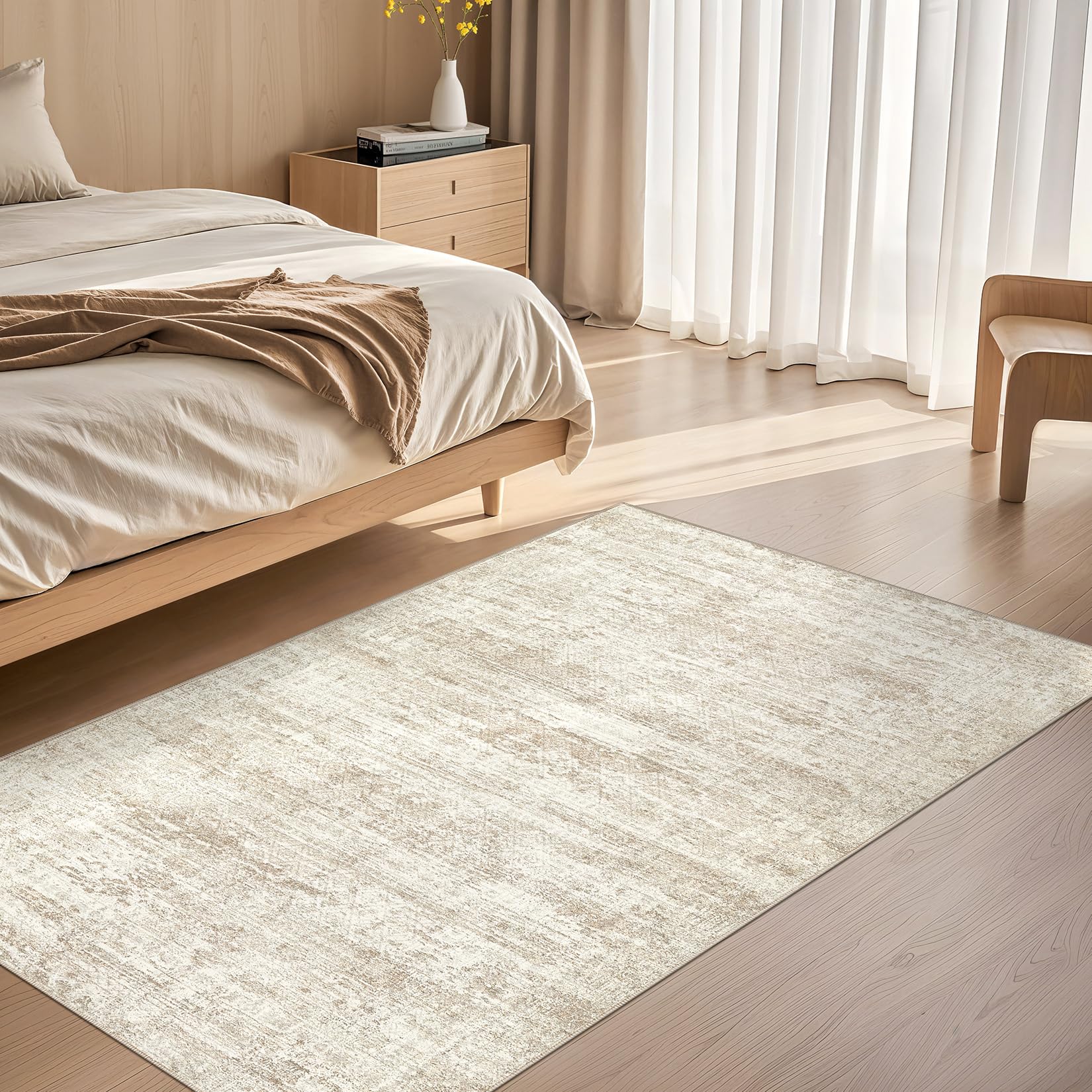 UERMEI 3x5 Washable Area Rug - Neutral Modern Abstract Living Room Rugs, Non-Slip Soft Large Indoor Floor Carpet for Bedroom Home Office & Under Dining Table Decor, Beige/Brown