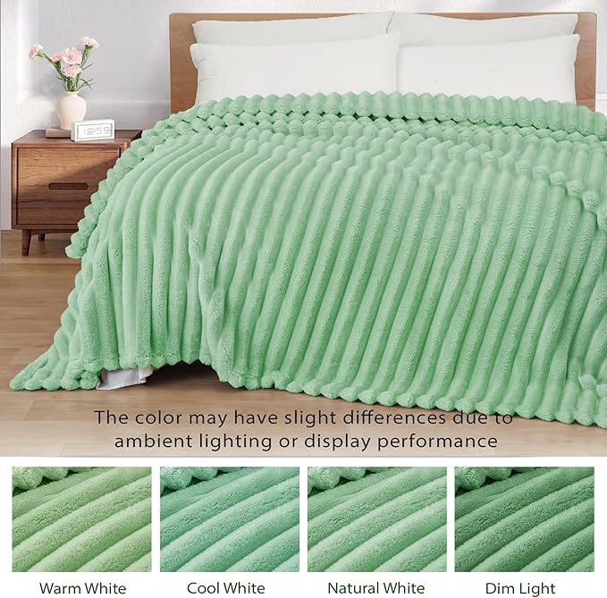 Exclusivo Mezcla Queen Size Flannel Fleece Blanket, Super Soft Striped Jacquard Bed Blanket, Lightweight Fuzzy Cozy for All Seasons, 90x90 Inches, Sage Green
