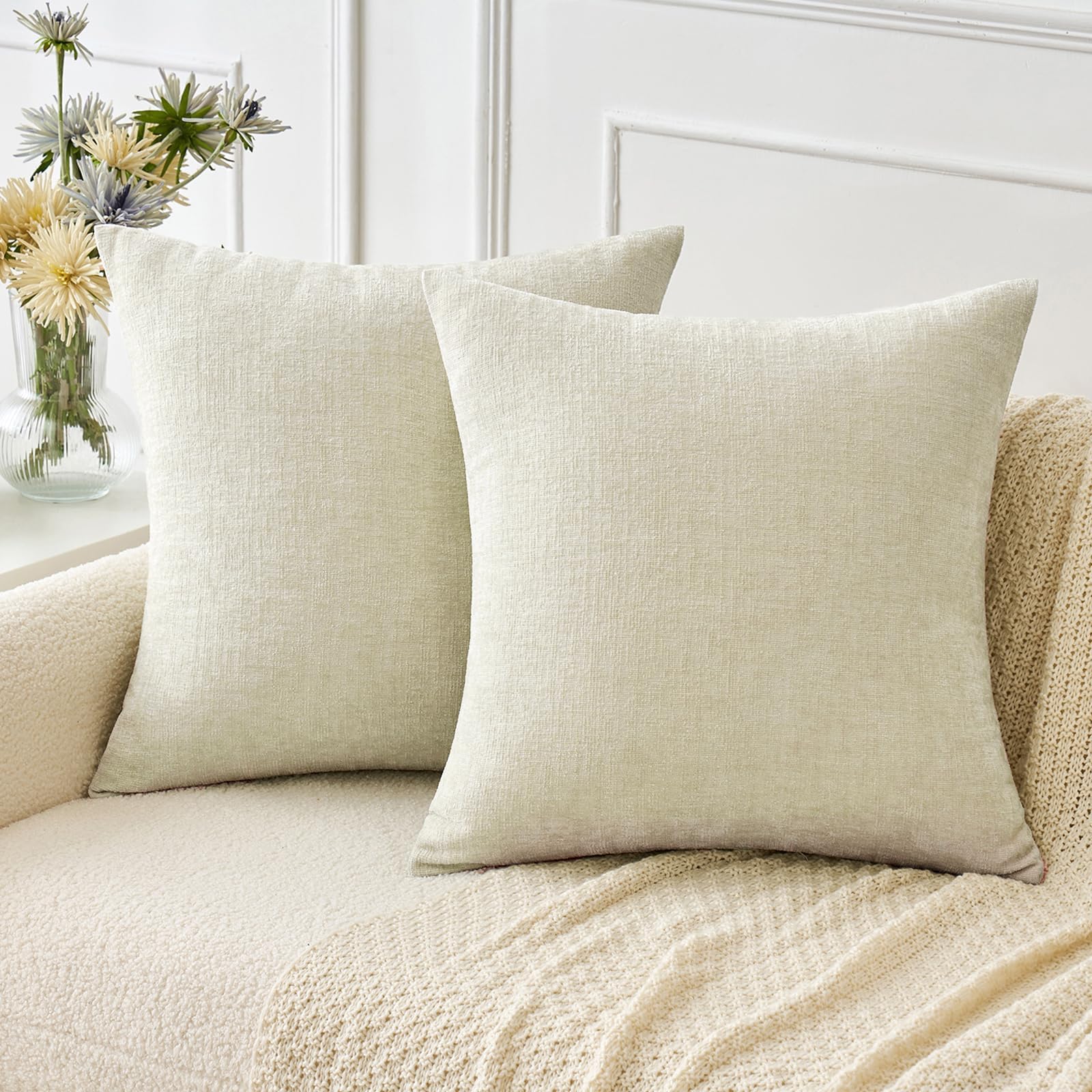 MIULEE Soft Chenille Throw Pillow Covers Cream 18x18 Inch Pack of 2
