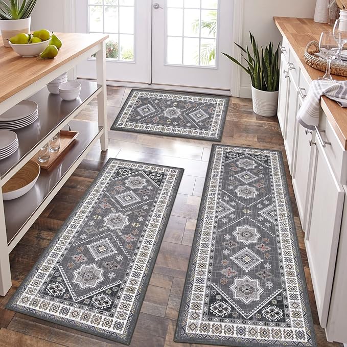 HEBE Boho Kitchen Rugs Set of 3, Non Slip Washable Kitchen Mats for Floor