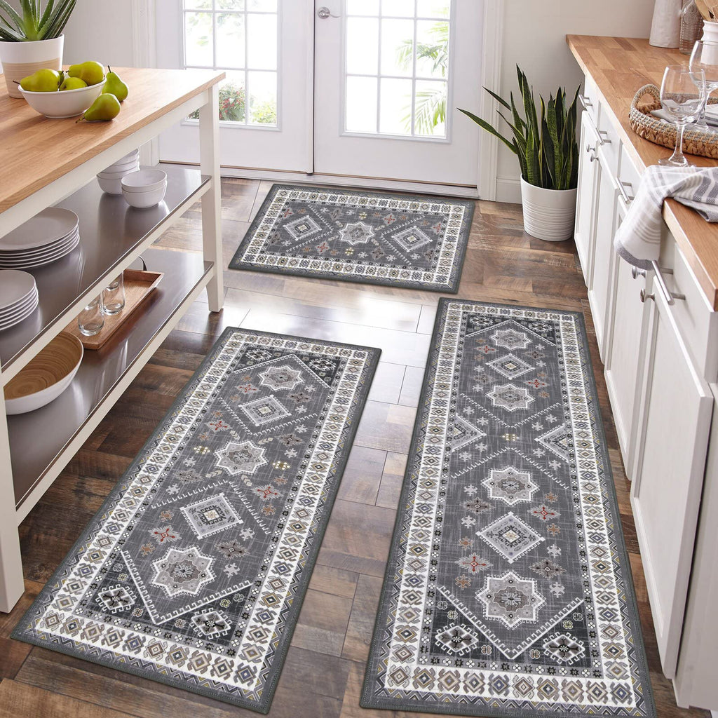 HEBE Boho Kitchen Rugs Set of 3, Non Slip Washable Kitchen Mats for Floor