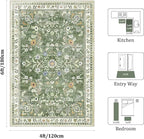 Yamaziot Washable Area Rug 4x6, Non-Slip Boho Floral Living Room Rug with Rubber Backing, Low Pile Distressed Carpet for Bedroom, Living Room, Dining Room, Green