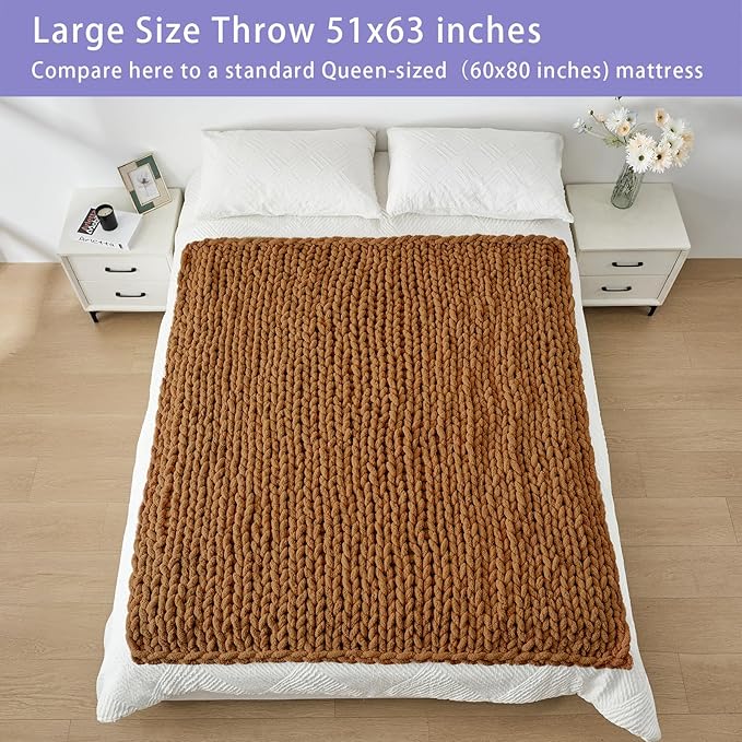 Bigacogo Chunky Knit Throw Blanket for Couch, 51x63 inches, Caramel