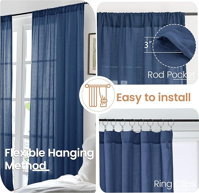 BGment Navy Blue Linen Curtains 54 Inch Length for Short Living Room, Semi Sheer Window Drapes Light Filtering for Bedroom Dining Decor Lightweight with Rod Pocket, 2 Panels Set, Each 42 Inch Wide