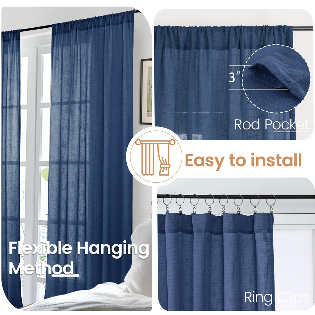 BGment Navy Blue Linen Curtains 54 Inch Length for Short Living Room, Semi Sheer Window Drapes Light Filtering for Bedroom Dining Decor Lightweight with Rod Pocket, 2 Panels Set, Each 42 Inch Wide