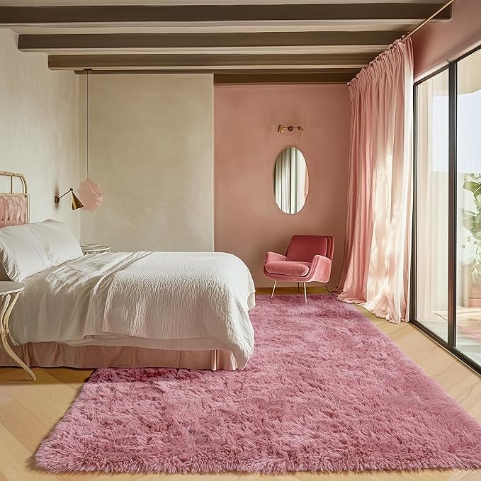 ONASAR Blush Area Rugs for Bedroom Living Room, Fluffy Fuzzy Shag Shaggy 4x6 Bedside Rug, Soft Plush Indoor Floor Carpet for Nursery Kids Girls Boys Teen Dorm Home Office Decor Aesthetic