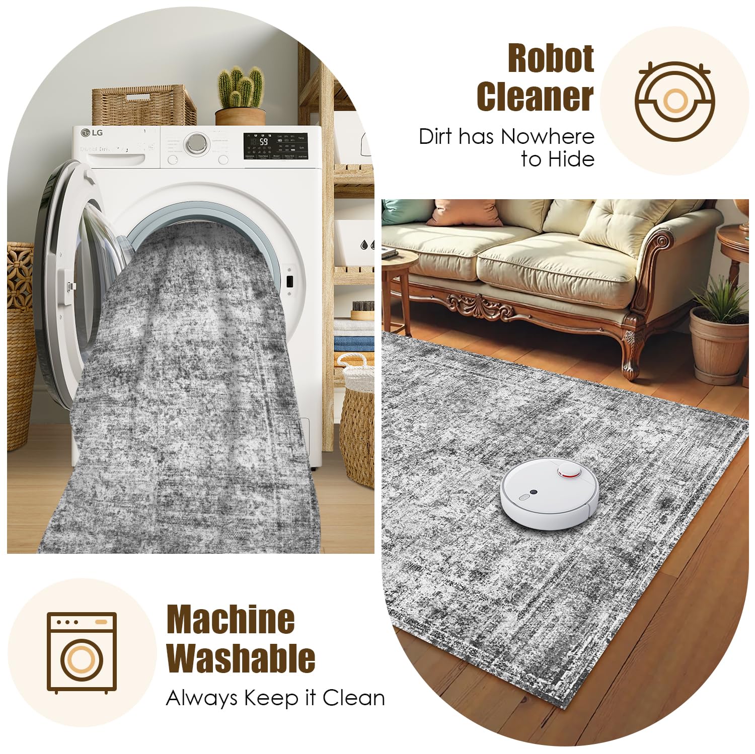 Washable Area Rug 5' x 7' Vintage Traditional Persian Mat - Foldable Distressed Non-Slip Machine Washable Carpet for Living Room Bedroom Kitchen Home Decor - Graphite and Mist