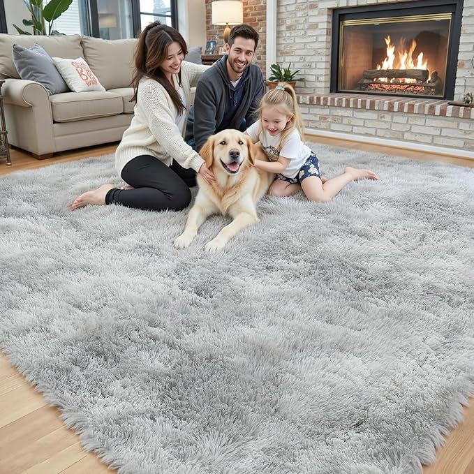 Area Rugs 10x14 Living Room, Shaggy Carpet Soft Plush Furry Bedside Rug Large Area Rugs for Bedroom Kids Girls Boys Home Decor Anti Slip(10 x 14, Light Grey Tie-Dyed)