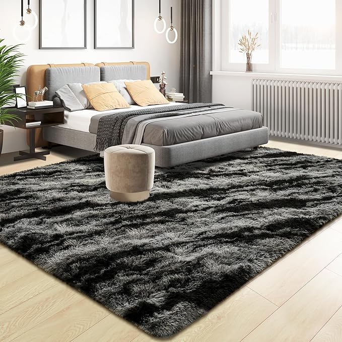 Tepook Soft Fluffy Rugs for Bedroom, 4x6 Area Rug for Living Room, Modern Shaggy Room Rug for Kids Boys Girls, Plush Throw Rugs Indoor Nursery Home Decor Rug with Non-Slip Bottom, Black Grey