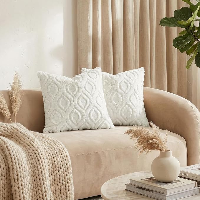 decorUhome Throw Pillow Covers 12x20 Inch Set of 2, Soft Plush Faux Wool Cream White Solid Couch Pillow Covers, Accent Farmhouse Neutral Rectangle Pillow Cases for Sofa Bed Living Room