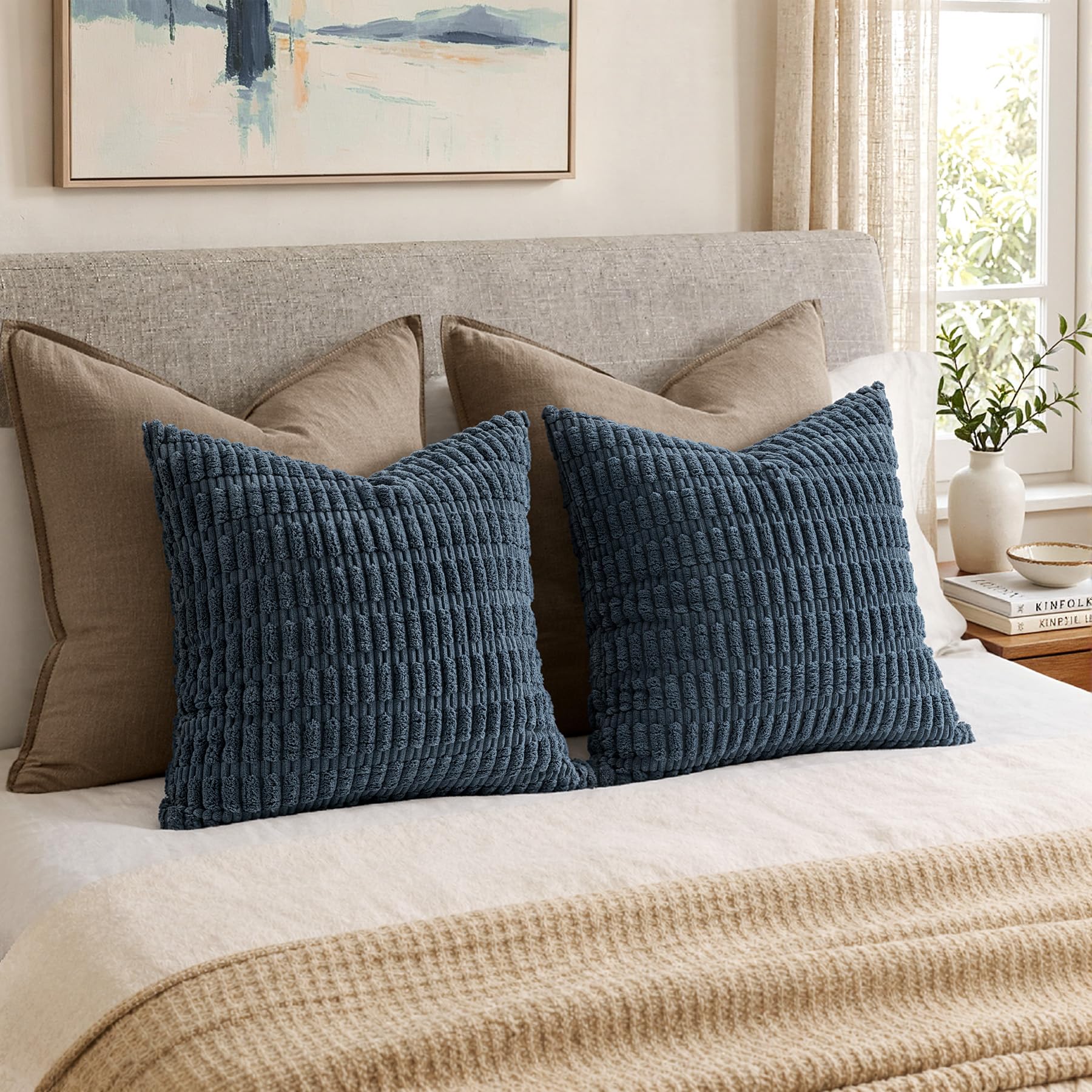 MIULEE Euro Sham Corduroy Decorative Throw Pillow Covers 24x24 Blue