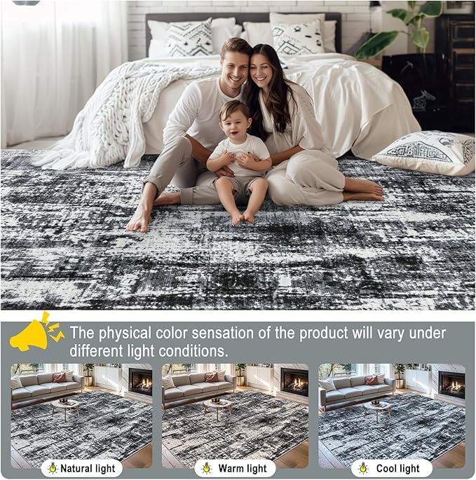8x10 Area Rugs for Living Room - Washable Rug Modern Abstract Soft Large Neutral Non-Slip Carpet Indoor Floor Thin Carpets for Bedroom Dining Room Farmhouse Nursery Home Office Black