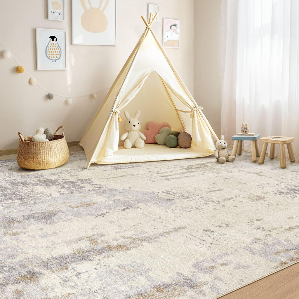 UERMEI 5x7 Area Rug Living Room Rugs - Washable Neutral Modern Abstract Soft Thin Rug Indoor Floor No Slip Rug Carpet for Bedroom Under Dining Table Home Office Decor - Light Brown/Gray