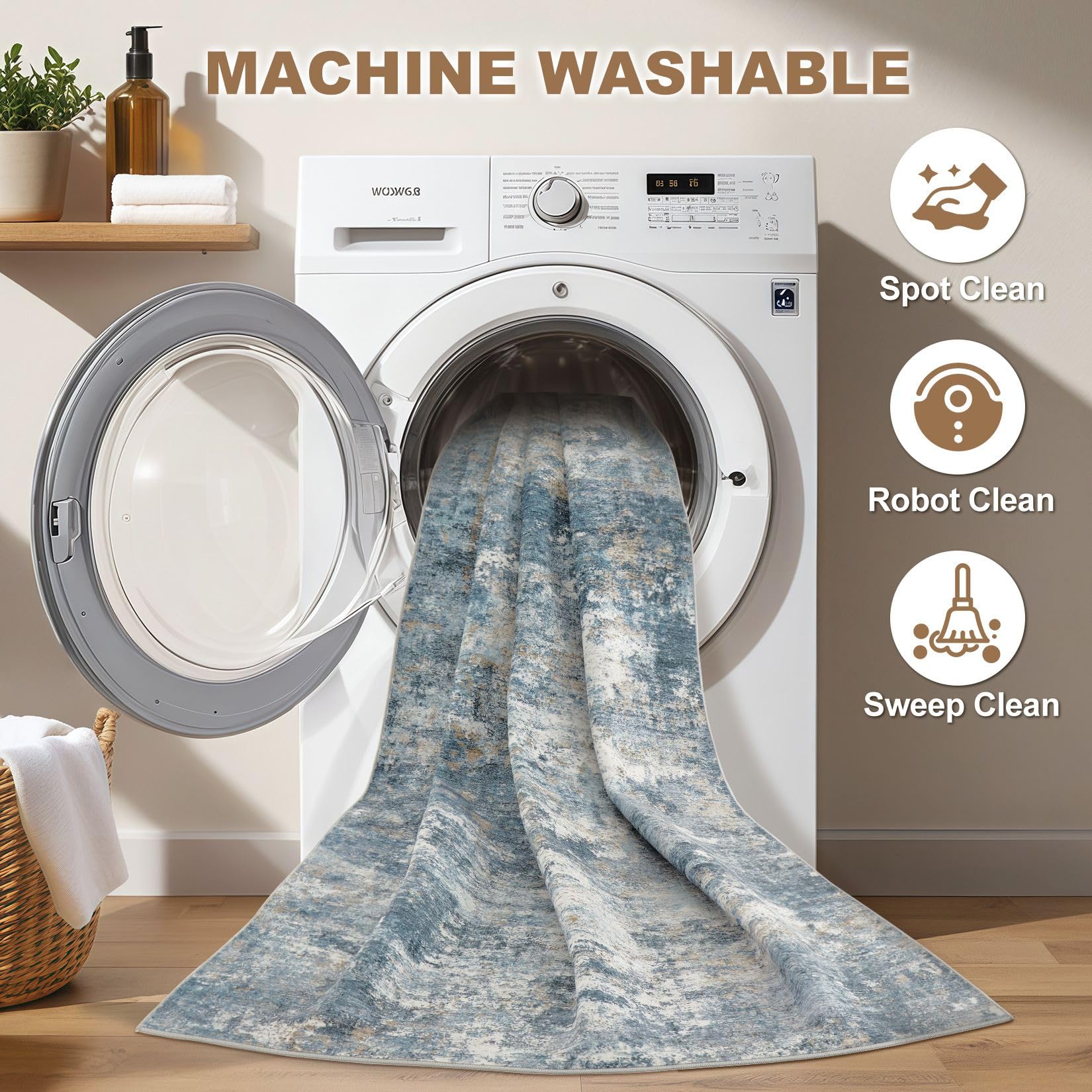 Nakagishi 6x9 Area Rugs Living Room: Washable Abstract Large Neutral Soft Rug Stain Resistant Modern Indoor Floor Non-Slip Carpet for Bedroom Nursery Kids Playroom Office Dining Room Dorm-Blue Brown